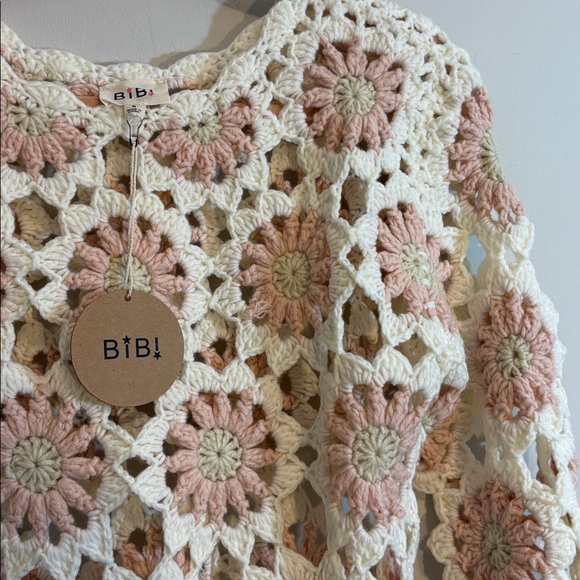 NWT Crochet Pink White + Beige Girly Grandma Knit Chunky Flower Floral Sweater - Picture 4 of 6